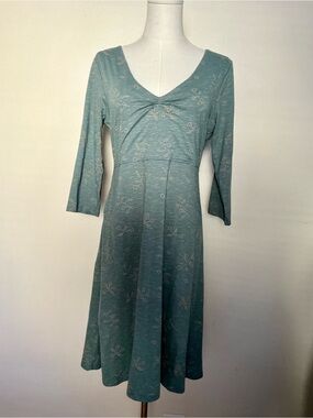 Toad & Co Rosalinda Teal Dress Floral V Neck 3/4 Length Sleeves Side Pocket Sz M